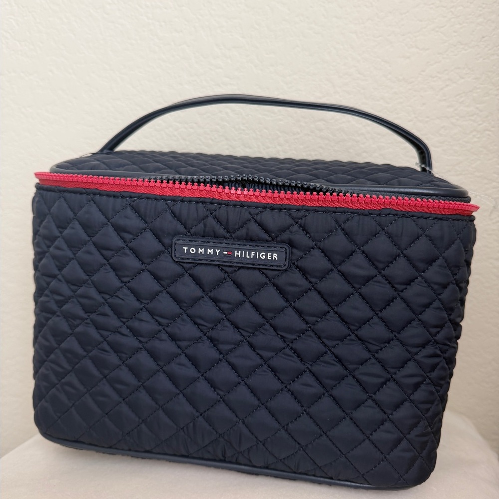 Tommy Hilfiger Blue Quilted Cosmetic Case with Red Accents